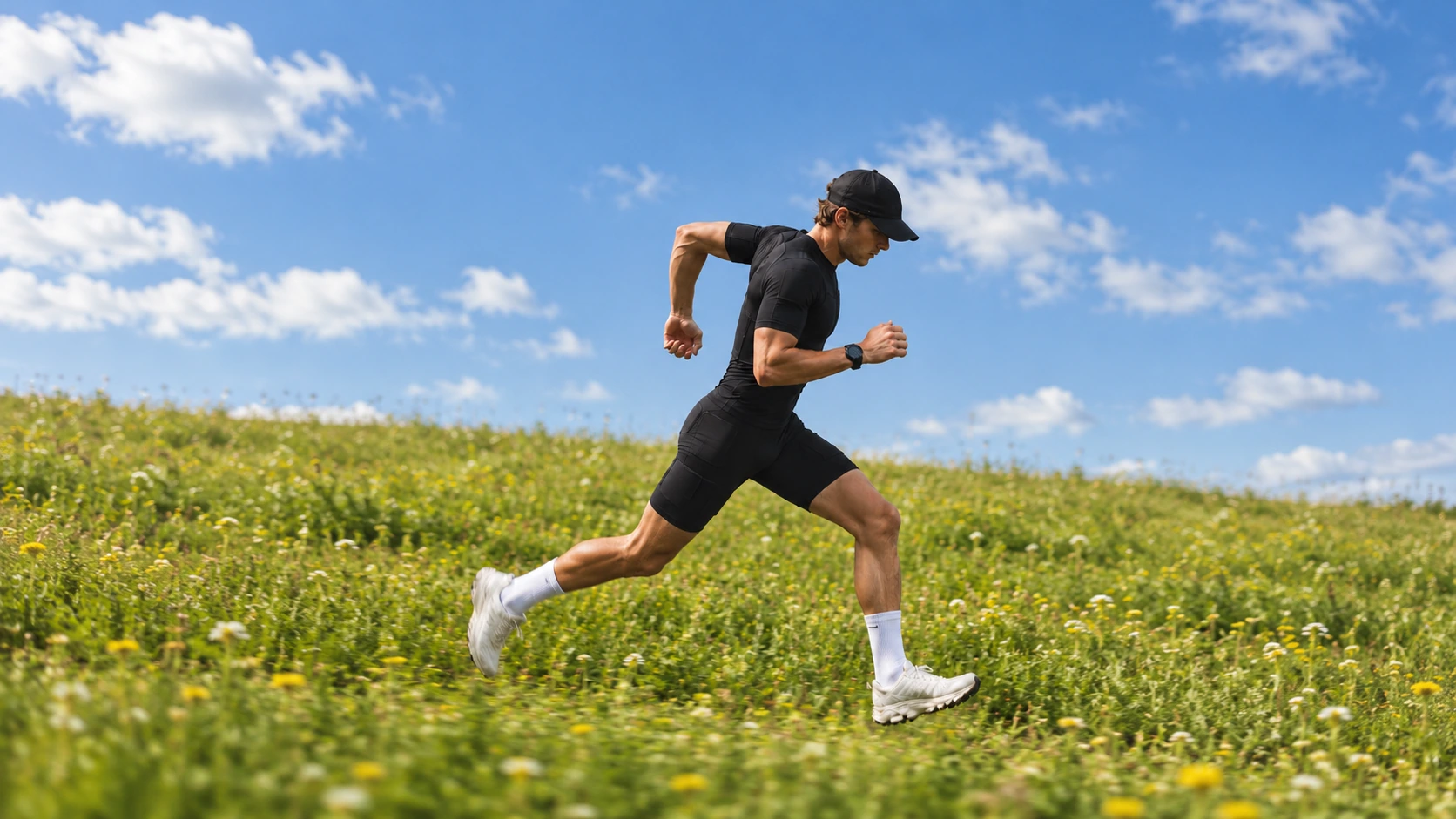 Athlete wearing a black EMS training suit running outdoors in a meadow